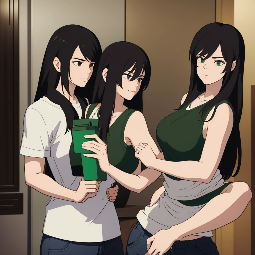 Big breasted woman, and long black hair, with boyfriend with black hair stylish hairstyle couple together with boston celtics shirt