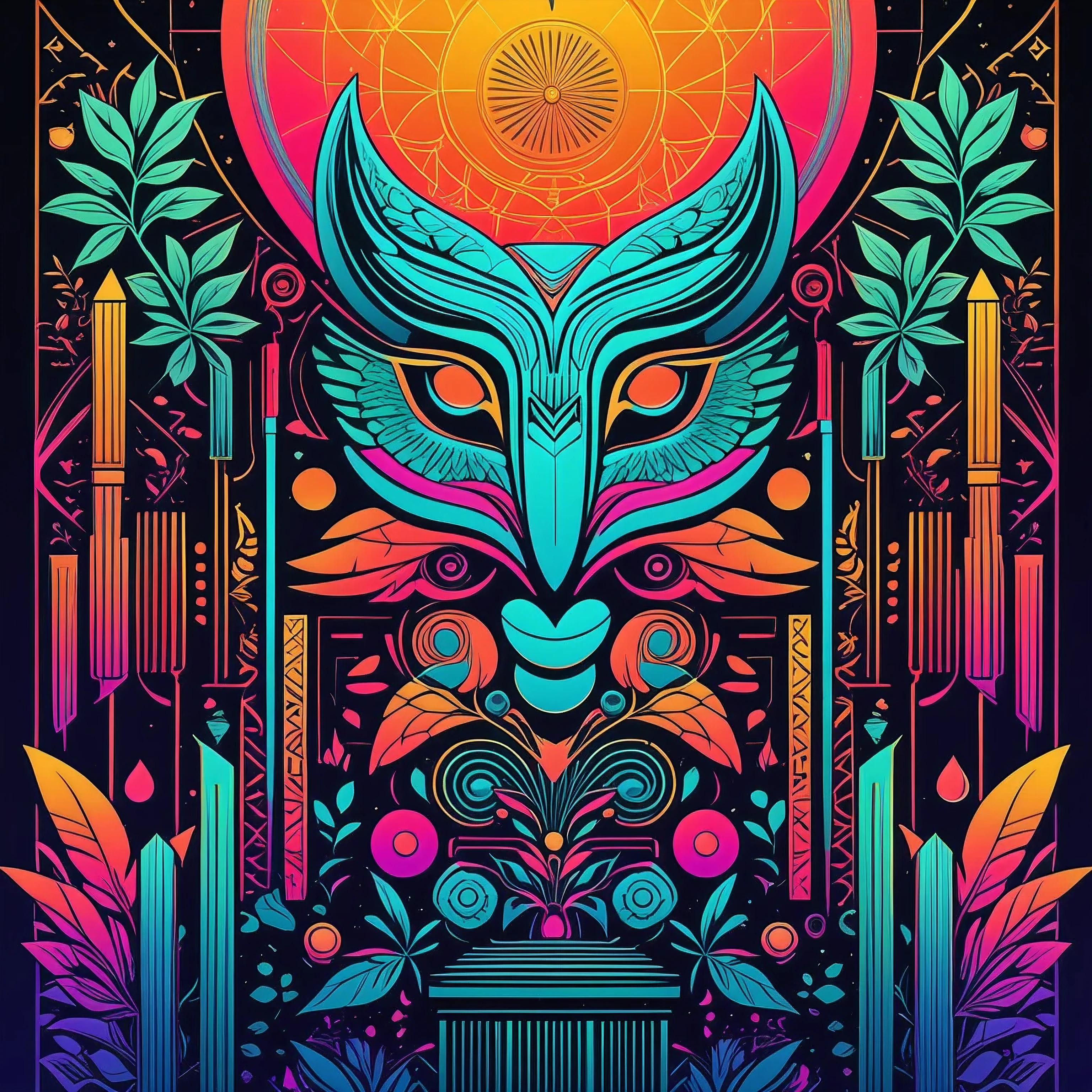 Symbolic symbols of plants, minimalist style, graphic illustrations of totem art, laser diffuse gradient metal color scheme, New surreal poster design, bold prints, Metal relief, dual tone, solid background, 8k, UHD, best quality, highres
