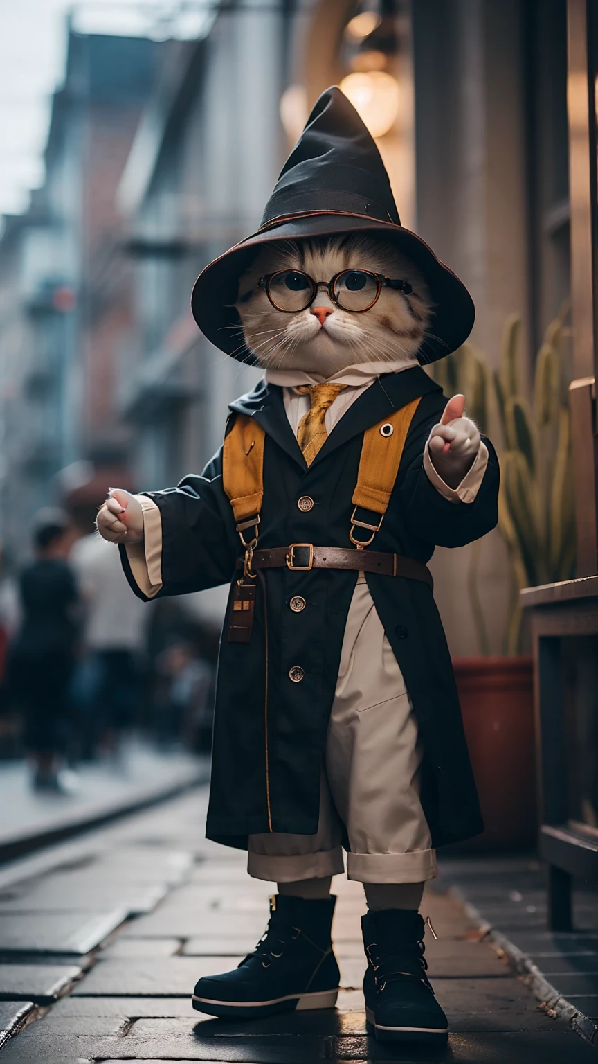 HDR, UHD,8K, highly detailed, realistic, photo-realistic:1.37), best quality, masterpiece, maomi, blurry background. Must be square-shaped, black-rimmed glasses. Glasses with small frames. ((wizard outfit)), glasses lenses are rectangular. highly detailed images, Atmospheric light. standing, Lower right hand. Left hand gesture. solo, outdoors, full body, shoes, depth of field. The face is facing the camera. The image should be photorealistic and detailed. whole body, entire body. Muscular and large build. wizard costume.