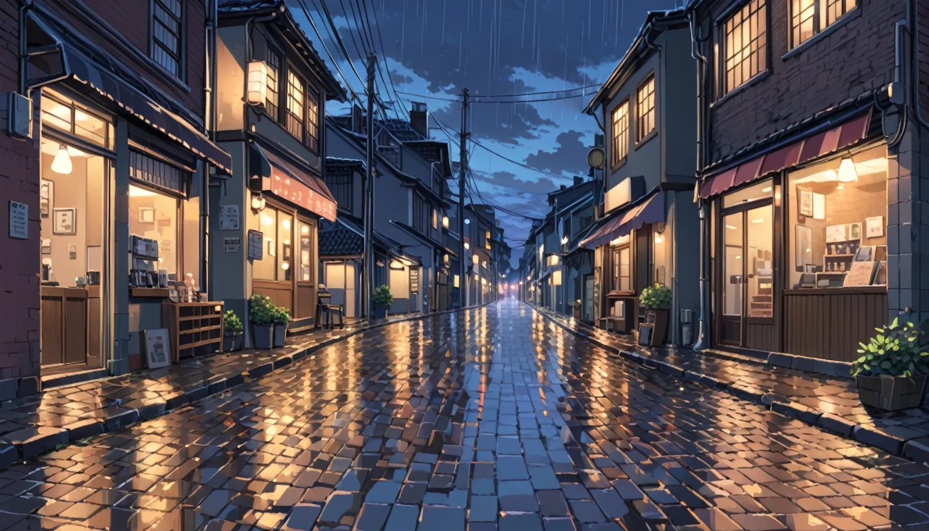 ((anime:1.4,illustration)),(masterpiece, top quality, best quality),(ultra-detailed, absolutely resolution),((16k, high res)), (((Twilight, rain, dimly lit street lights, cobblestones, European cityscape))), ((anime:1.4,illustration)),(masterpiece, top quality, best quality),(ultra-detailed, absolutely resolution),((16k, high res)). BREAK {lofi art, style of Laurie Greasley, style of Makoto Shinkai, anime aesthetic}, BREAK { (produces images with information than 40 million pixels with cinematic-like detailed textures shot on a Sony SLR).}