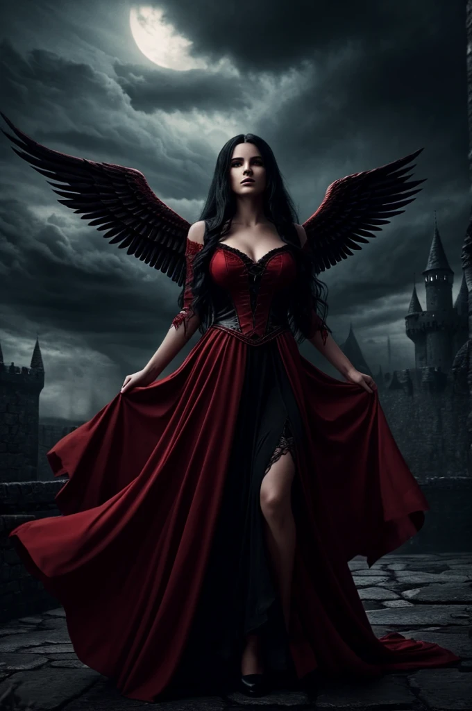 an angel woman, long flowing black hair, wearing a red gown, flying over a dark castle in Hell, fantasy lighting, moody atmosphere, fantasy, gothic, dramatic clouds
