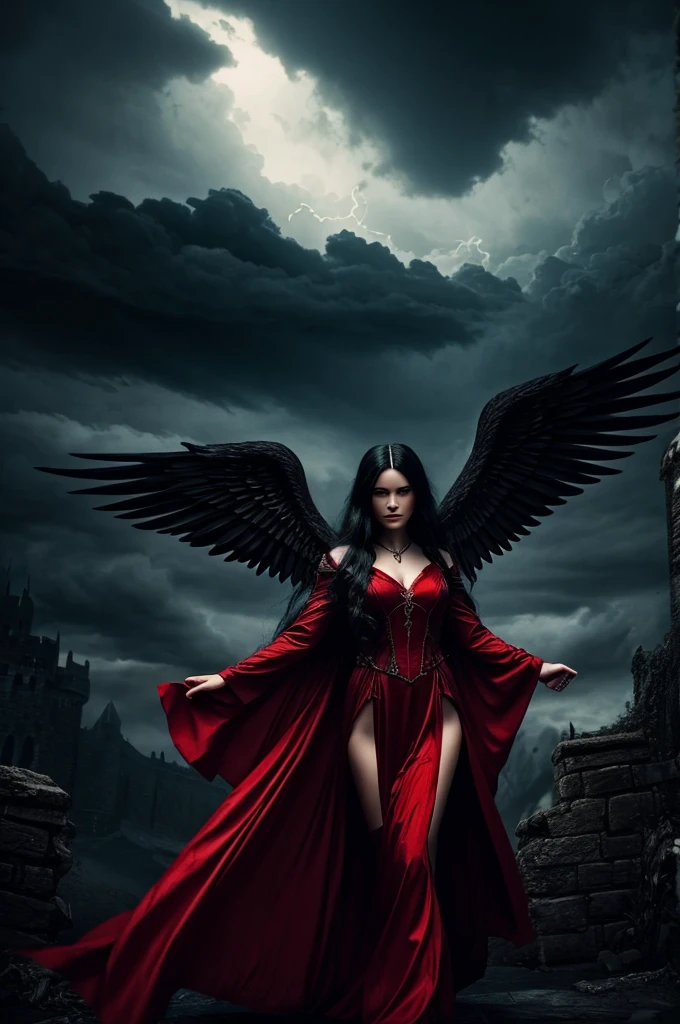 an angel woman, long flowing black hair, wearing a red gown, flying over a dark castle in Hell, fantasy lighting, moody atmosphere, fantasy, gothic, dramatic clouds