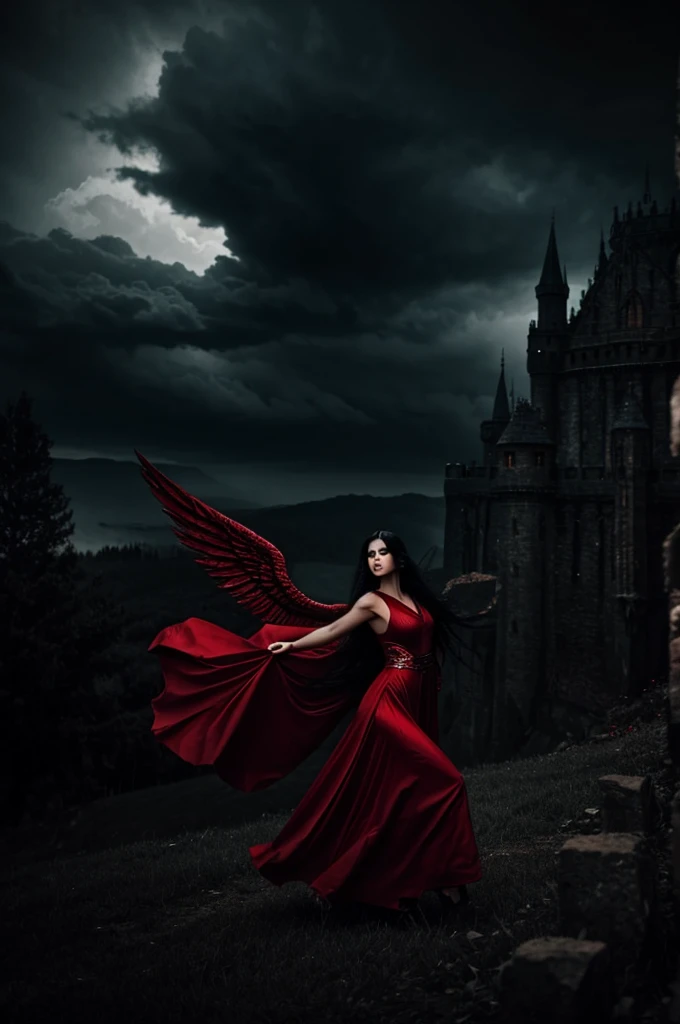 an angel woman, long flowing black hair, wearing a red gown, flying over a dark castle in Hell, fantasy lighting, moody atmosphere, fantasy, gothic, dramatic clouds