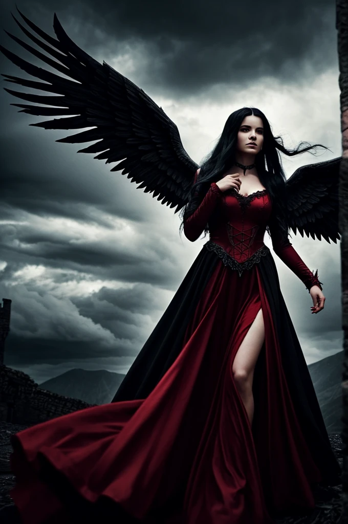 an angel woman, long flowing black hair, wearing a red gown, flying over a dark castle in Hell, fantasy lighting, moody atmosphere, fantasy, gothic, dramatic clouds