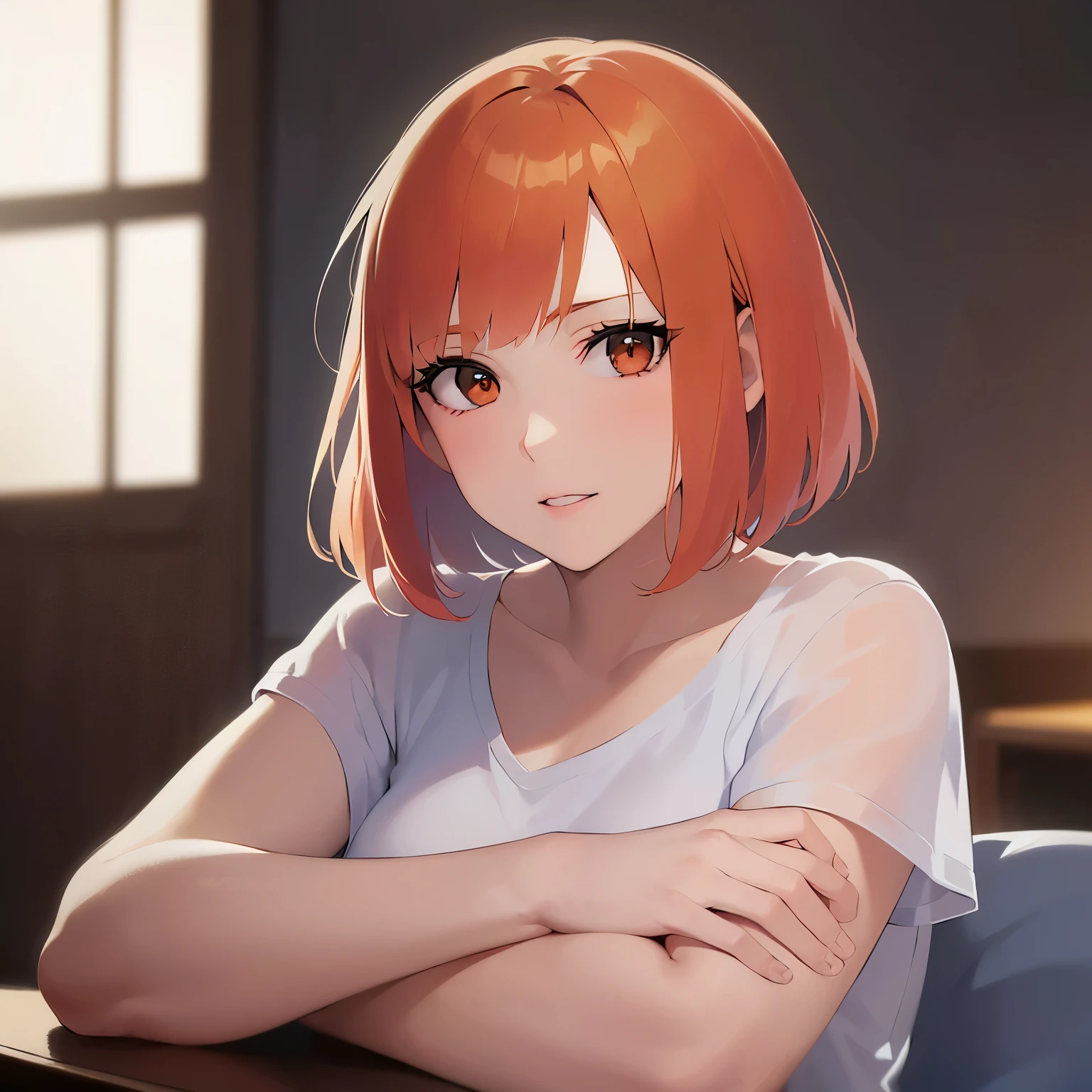Upper Body, Realistic, real person, (pale skin: 1.2), RAW photo, photorealistic, shiny skin, shiny hair、(A 25-year-old woman with a bob cut and bangs) and (orange hair) and (Orange Eyes) , Wearing a white V-neck T-shirt 、grin, The background is the living room、Alone、Arms crossed