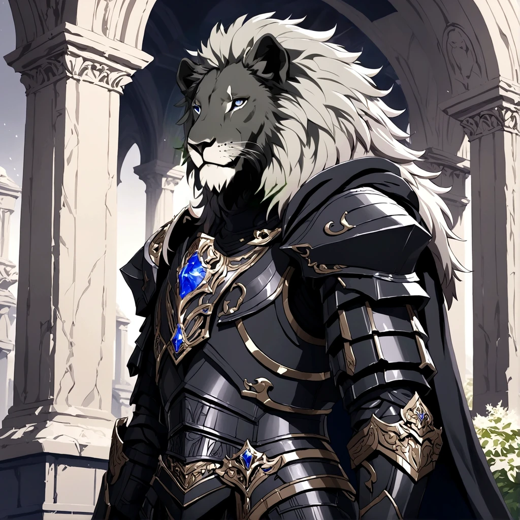 masterpiece, best quality, good quality, humanoid gray lion, Furry, a gray lush mane, scar on right eye, black armor, Combat armor, A lot of growth, black fur cape, Fantasy aesthetics, Highly detailed, shadowverse style