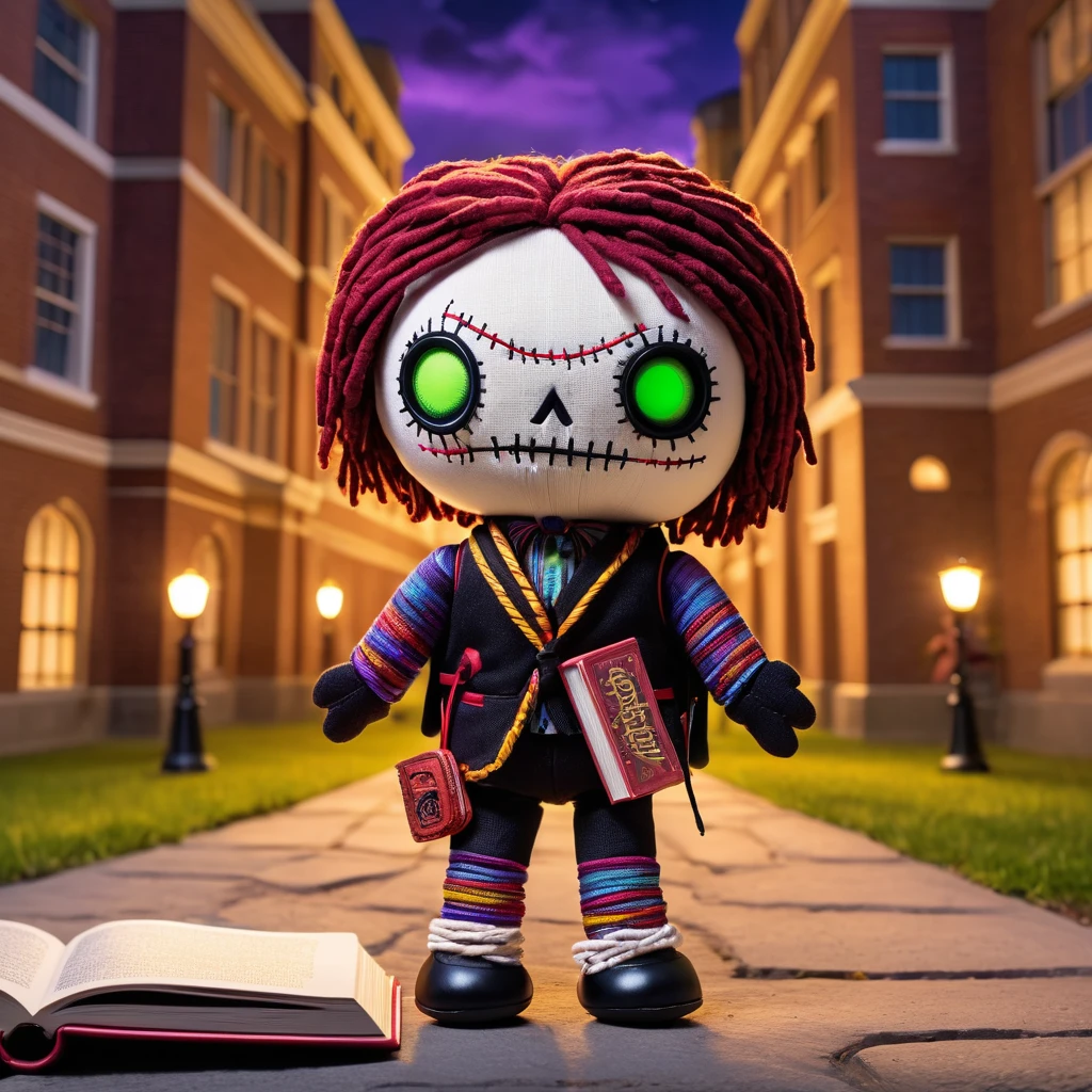 (knitted toy voodoo doll:1.5), (Voodoo on Campus:1.3), (Clothing: student attire:1.0), (Accessories: enchanted backpack, glowing notebook:1.1), (background: bustling campus with floating books, glowing buildings, and studious students:1.2), best quality, masterpiece, detailed soft oil painting, detailed background, dramatic cinematic lighting, soft edge lighting, professional, dramatic lighting, hard edge lighting, ultra quality, 4k,masterpiece, best quality, 8k, ultra highres, highres, extremely detailed