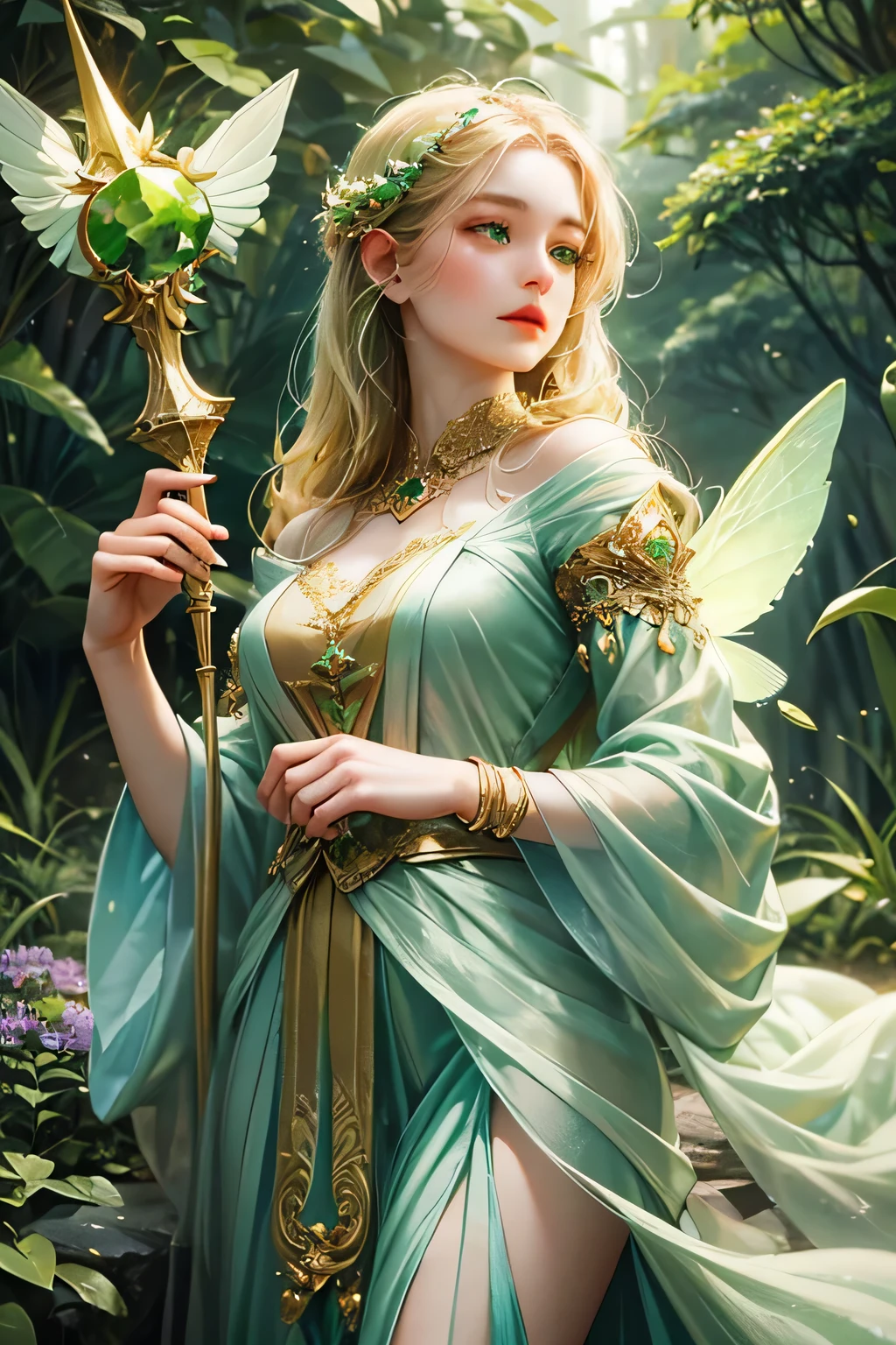 "Create an ultra-realistic image of a stunning -yeld fee fairy with a delicate, ethereal presence, holding a magical staff imbued with the power of nature. She should be dressed in an elegant, ((((((green)))))) outfit that reflects her connection to the natural world. Surround her with elements of nature, such as blooming flowers, lush greenery, and gentle forest light, to highlight her mastery over this element. Include a distinct nature symbol on her body, indicating her role as the guardian of nature, showcasing the profound, nurturing power of nature she possesses within her."