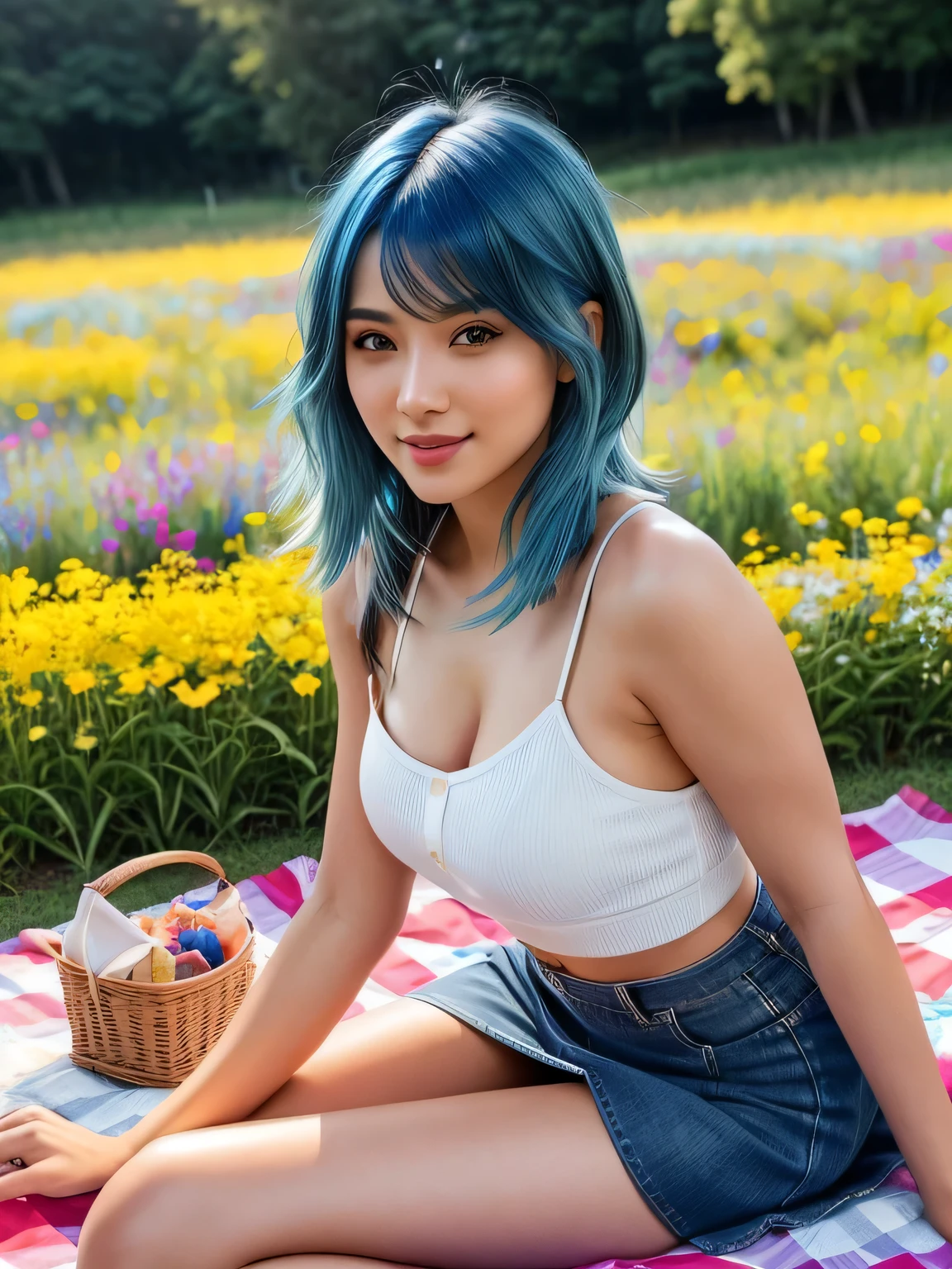 (blue hair:1.4), short hair, realistic green eyes, cobalt hair, long bob hair, tousled hair, shoulder length hair, Full body, woman with white skin and Asian features, 24 year old, big breast. She has a small, elegant nose with a slight upward curve at the tip. Her lips are full and naturally pink, with a well-defined Cupid's bow. Her teeth are straight and white, enhancing her captivating smile. Her face has an oval shape with high cheekbones that add to her model-like appearance. (crack), detailed (texture!, shine, color!!, flaws: 1.1), highly detailed glowing eyes, (looking at camera), specular light, dslr, extreme quality, crystal clear, cute face, detailed skin pores, oil Dark skin, brown, complex eye details, she is far from the camera, A full-body portrait, captured from a distance. Dynamic Frame, 8K, Best Quality, (frome above:1.0), she’s a model, sexy pose, flirting with camera, perfects hands, perfect breast, perfect hair, perfect body, perfect feet, (She wears a shirt with thin straps and bare shoulders and a skirt, in a colorful flowers field, sitting on the picnic tablecloth, field having a picnic:1.3), (beautiful smile:1.0), anatomically correct, textured skin, super detail, high details, high quality, award winning, best quality, highres, 8k short hair