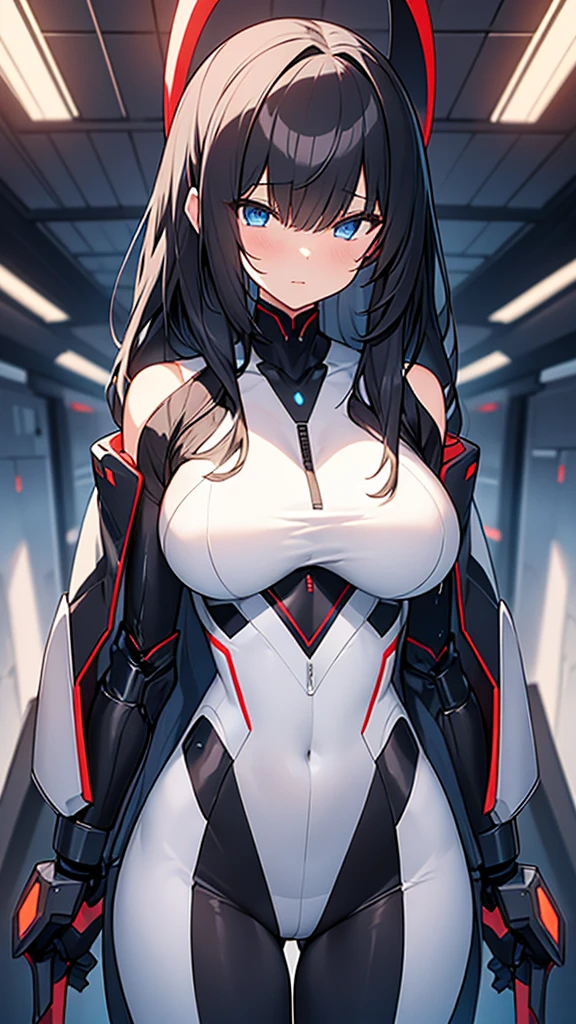 (Highly detailed CG Unity 16k wallpaper,masterpiece, Biological, whole body),(Best lighting, Best Shadow, Very delicate and beautiful),(One girl),blue eyes, Big Breasts, Black Hair,Red and black off-the-shoulder revealing high-cut SF ハイレグ型 bodysuit,Neck Seal,High-tech sci-fi corridor, Dynamic pose, Detailed Machinery, Sleek design.,My crotch is wet, {{An extraterrestrial lifeform preys on girls and takes their place、Her breasts are bigger than a real girl's、Suitable for the mother}}, Unknown sensation, Feels good, Vigorous movement, more, instinct, Female fall, Bouncing chest, loose, loose, Next to a real girl skeleton, NSFW