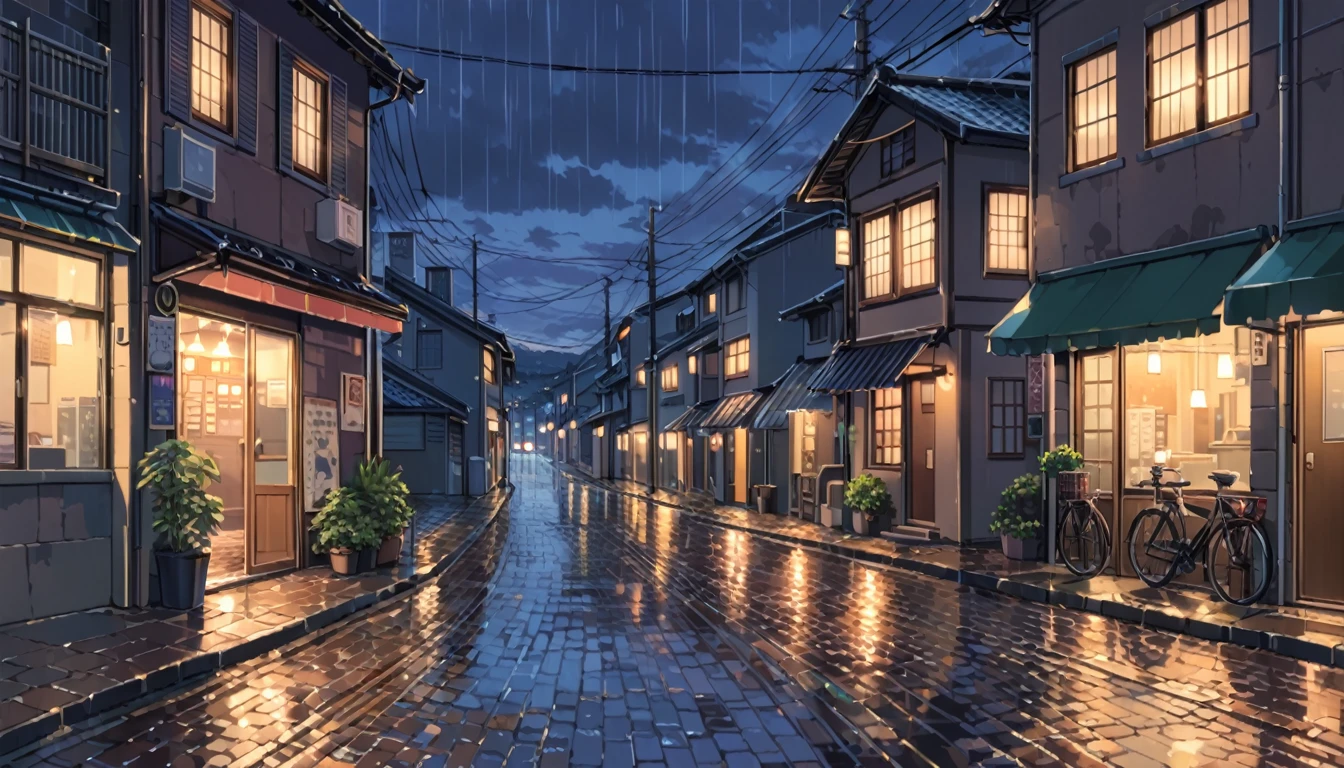 ((anime:1.4,illustration)),(masterpiece, top quality, best quality),(ultra-detailed, absolutely resolution),((16k, high res)), (((Twilight, rain, dimly lit street lights, cobblestones, European cityscape))), ((anime:1.4,illustration)),(masterpiece, top quality, best quality),(ultra-detailed, absolutely resolution),((16k, high res)). BREAK {lofi art, style of Laurie Greasley, style of Makoto Shinkai, anime aesthetic}, BREAK { (produces images with information than 40 million pixels with cinematic-like detailed textures shot on a Sony SLR).}