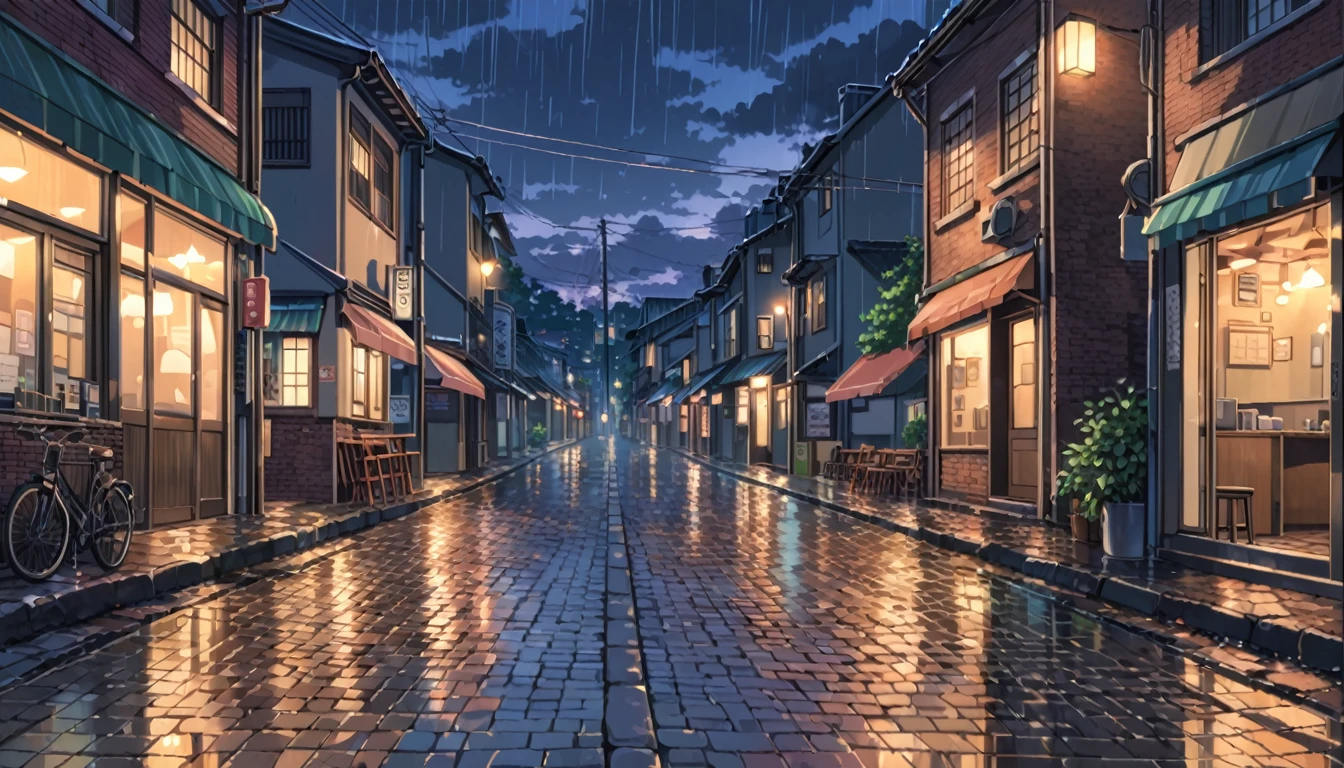 ((anime:1.4,illustration)),(masterpiece, top quality, best quality),(ultra-detailed, absolutely resolution),((16k, high res)), (((Twilight, rain, dimly lit street lights, cobblestones, European cityscape))), ((anime:1.4,illustration)),(masterpiece, top quality, best quality),(ultra-detailed, absolutely resolution),((16k, high res)). BREAK {lofi art, style of Laurie Greasley, style of Makoto Shinkai, anime aesthetic}, BREAK { (produces images with information than 40 million pixels with cinematic-like detailed textures shot on a Sony SLR).}