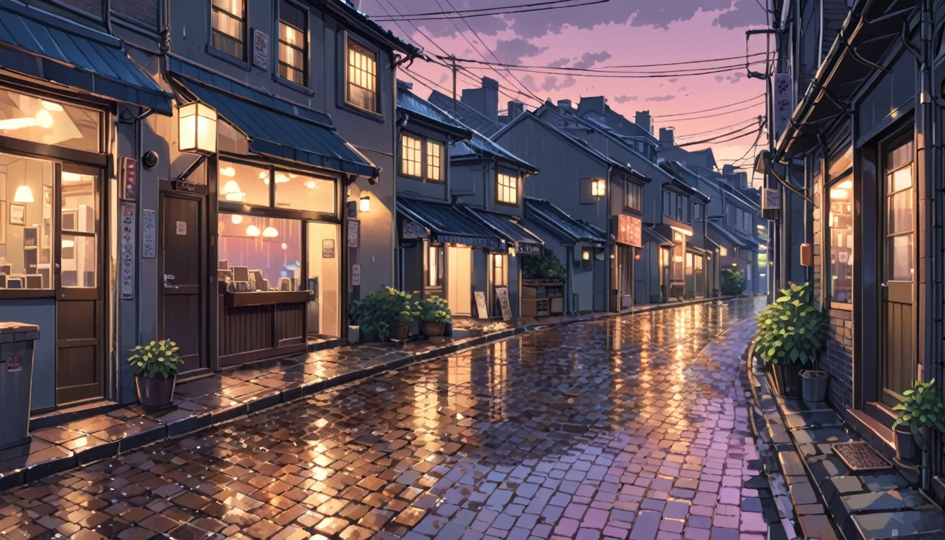 ((anime:1.4,illustration)),(masterpiece, top quality, best quality),(ultra-detailed, absolutely resolution),((16k, high res)), (((Twilight, rain, dimly lit street lights, cobblestones, European cityscape))), ((anime:1.4,illustration)),(masterpiece, top quality, best quality),(ultra-detailed, absolutely resolution),((16k, high res)). BREAK {lofi art, style of Laurie Greasley, style of Makoto Shinkai, anime aesthetic}, BREAK { (produces images with information than 40 million pixels with cinematic-like detailed textures shot on a Sony SLR).}