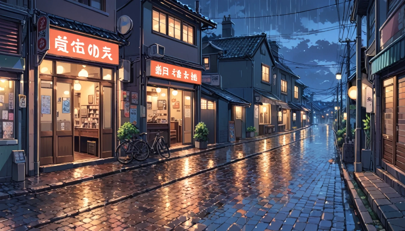 ((anime:1.4,illustration)),(masterpiece, top quality, best quality),(ultra-detailed, absolutely resolution),((16k, high res)), (((Twilight, rain, dimly lit street lights, cobblestones, European cityscape))), ((anime:1.4,illustration)),(masterpiece, top quality, best quality),(ultra-detailed, absolutely resolution),((16k, high res)). BREAK {lofi art, style of Laurie Greasley, style of Makoto Shinkai, anime aesthetic}, BREAK { (produces images with information than 40 million pixels with cinematic-like detailed textures shot on a Sony SLR).}