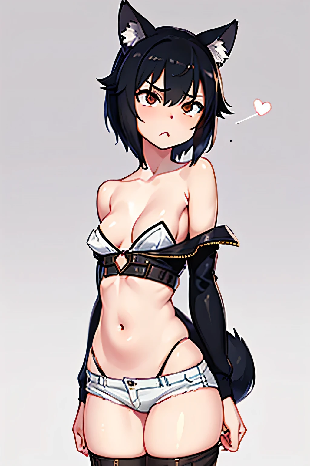 (Realism), (full body), girl with black wolf ears, short black hair, defined body, thin, small breasts, black top, belly showing, beige mini shorts, black tail, brown eyes, tanned skin, serious face, short girl, looking from below,Hug, black tail