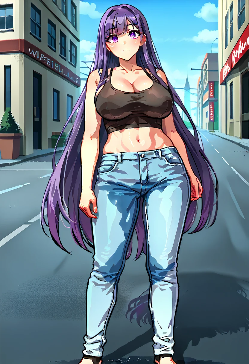 (masterpiece:1.37), best quality, (extremely detailed:1.37) woman, (adult:1.5), (very long hair:1.5), dark purple hair, purple eyes, (extremely detailed eyes:1.37), large breasts, crop top, cleavage, navel, (tight jeans:1.5), (wetting:2.0), standing straight, full body day, daytime, glow, facing viewer, perfect composition, full body, city, street, anime style