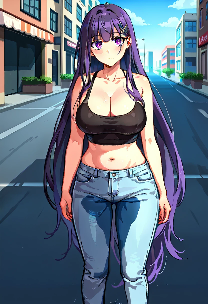 (masterpiece:1.37), best quality, (extremely detailed:1.37) woman, (adult:1.5), (very long hair:1.5), dark purple hair, purple eyes, (extremely detailed eyes:1.37), large breasts, crop top, cleavage, navel, (tight jeans:1.5), (wetting:2.0), standing straight, full body day, daytime, glow, facing viewer, perfect composition, full body, city, street, anime style