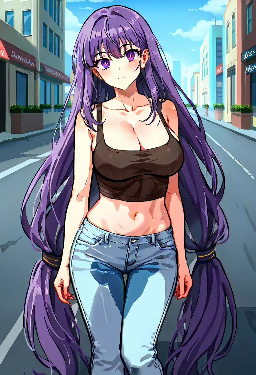 (masterpiece:1.37), best quality, (extremely detailed:1.37) woman, (adult:1.5), (very long hair:1.5), dark purple hair, purple eyes, (extremely detailed eyes:1.37), large breasts, crop top, cleavage, navel, (tight jeans:1.5), (wetting:2.0), standing straight, full body day, daytime, glow, facing viewer, perfect composition, full body, city, street, anime style