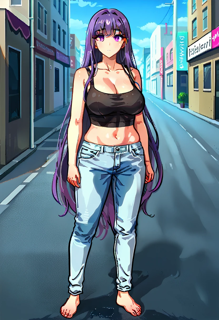 (masterpiece:1.37), best quality, (extremely detailed:1.37) woman, (adult:1.5), (very long hair:1.5), dark purple hair, purple eyes, (extremely detailed eyes:1.37), large breasts, crop top, cleavage, navel, (tight jeans:1.5), (wetting:2.0), standing straight, full body day, daytime, glow, facing viewer, perfect composition, full body, city, street, anime style