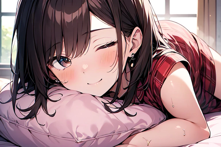 Highest quality, masterpiece, Ultra-high resolution, 8K,Show anime style , Soft Line Art, Digital Enhancement, shojo anime touch, shojo manga core, Flowing fabric, close, Soft Drawing, Ultra-Definition Digital Anime Art, Clear facial depiction, Super detailed girl cartoon character art, Ultra-detailed manga style, Highest qualityの色, 1People Women,(A woman with short brown hair), Wet Hair,Beautiful brown hair, Clear brown eyes, Slightly chubby,Small breasts,pajamas,((She is sleeping in bed with the covers on.)),I sleep in the same bed and watch her,Peaceful sleeping face,She wakes up,I call out good morning,((She lay face down in her sleep, her cheek on the pillow, turned her face towards me and smiled fondly.)),Little devil's smile,(Focus on face),(((1 picture)))
