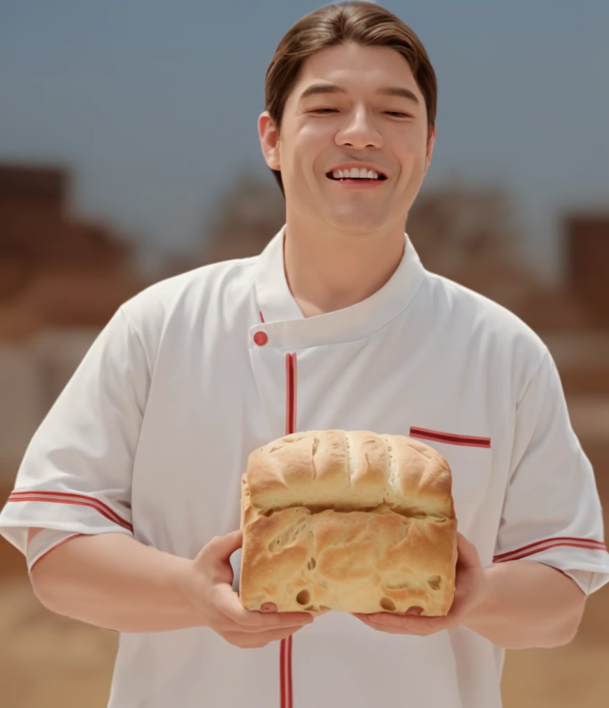 movie poster illustration，Person Half Body，The background is related to bread，The character image remains motionless