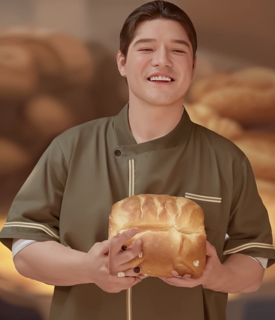 movie poster illustration，Person Half Body，The background is related to bread，The character image remains motionless