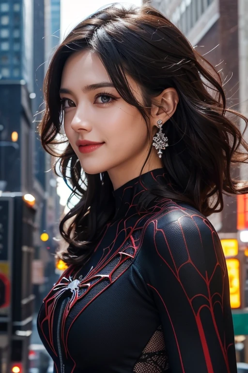 Spider suit, spider web print, spider webs, spider-man, masutepiece, Absurd, Fine details, nffsw, ((Highly detailed face and eyes)), Photorealistic,, Focus on the eyes,, standing on the roof of a skyscrapper, ((no mask on)), Looking at the viewer, Smiling, Black hair, girl focus, Big hair, Curly hair, earrings, , new york buildings background,