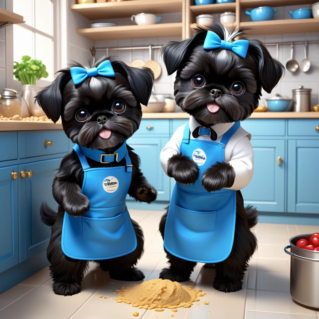 2 Adorable small black Shih Tzu puppies wearing blue collars and aprons playing in pantry making a mess in Disney kitchen 3d cartoon, 3d render, disney pixar style