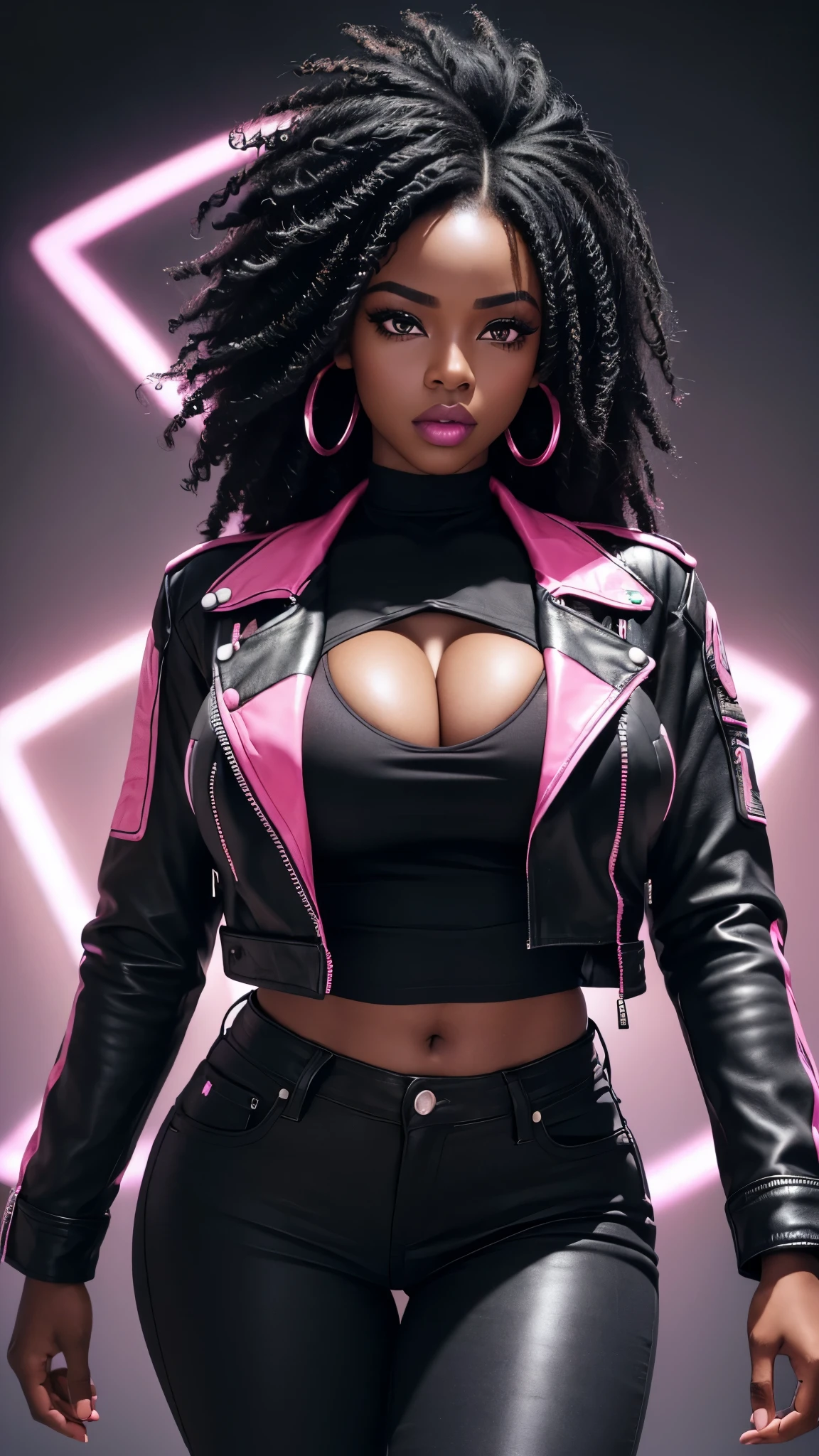 (african,black woman,beautiful detailed eyes,black hair,longeyelashes,fluorescent pink shirt,black jeans,blue leather jacket,big tits,big legs,thick legs,busty),ultra-detailed,(best quality,4k,8k,highres,masterpiece:1.2),vivid colors,portraits
