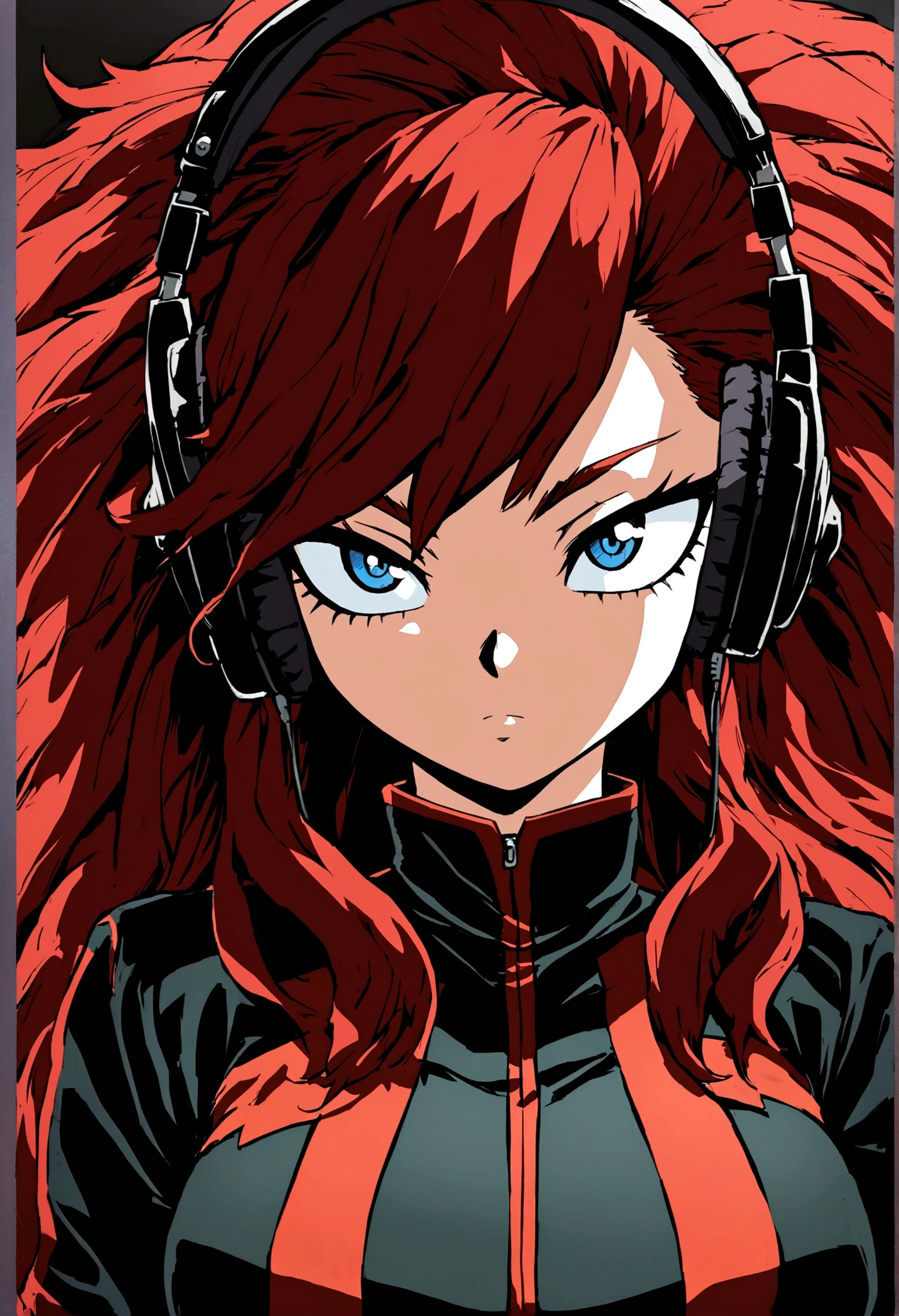 My hero academia anime art style,  girl, dark red volumious long layered hair, blue eyes fox eye shape with eyeliner, my hero academia uniform clothing, edgy mysterious vibe, intense innocent beauty, headphones, very pretty