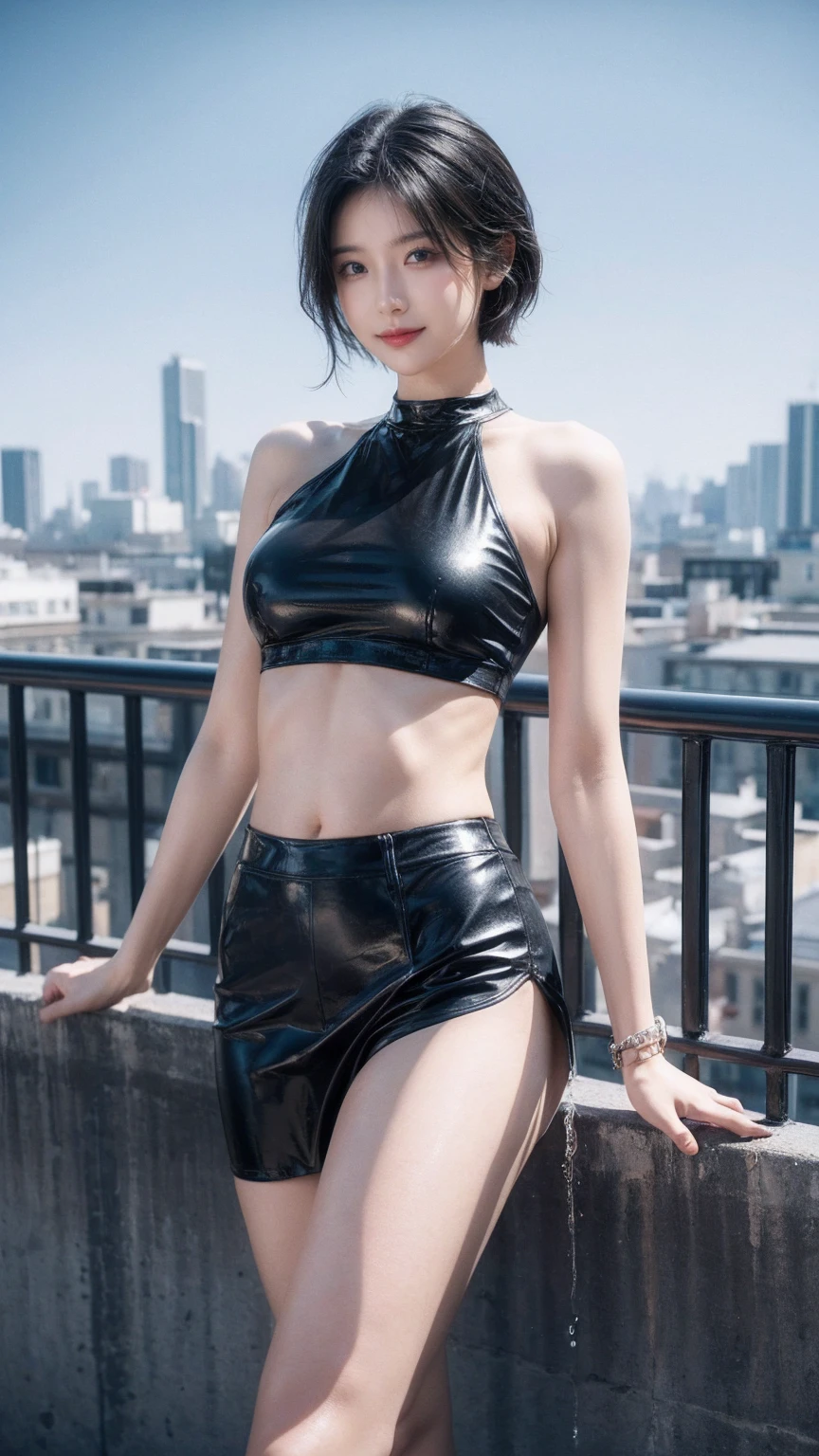 masterpiece, best quality, Extremely detailed),(1 Girl), blue eyes, short hair, Black Hair, Dynamic Angle, Dynamic poses, Natural Lighting, floating, (Colorful tops:1.2|Black top), (tight skirt:1.2|Leather pants:0.9), (silver bracelet:1.2|watch), (Natural background:0.8| city View), (Smile:0.8| Serious expression), (light in hair), Many droplets:0.8