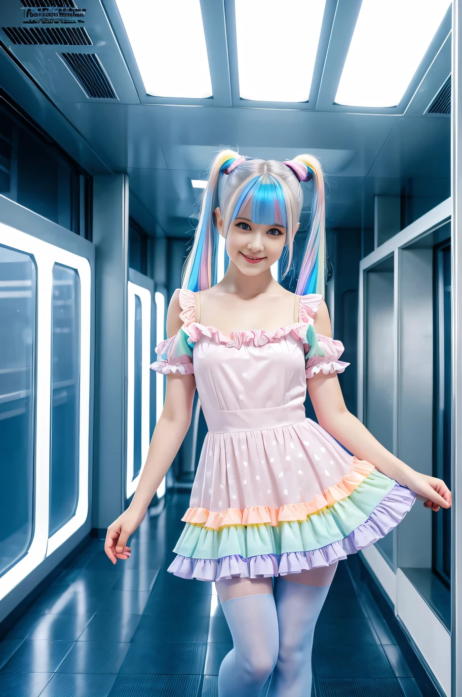 various cute 19-year-old neon haired women, natural posture, pale white skin, happy, smiling, in twin tails, perfect blue eyes, pale goth skin, silky smooth skin, flying a fancy metal luxurious space ship, futuristic hallway, outer space seen in windows, dark warm lighting, they are wearing various futuristic dresses, each a different dress, pleated (chemise) mini dress (pastel rainbow colors, and polka dots), puffy sleeves low cut top, silk, ((frilly pantyhose under dress)), tights, cute short cut booties, boots.