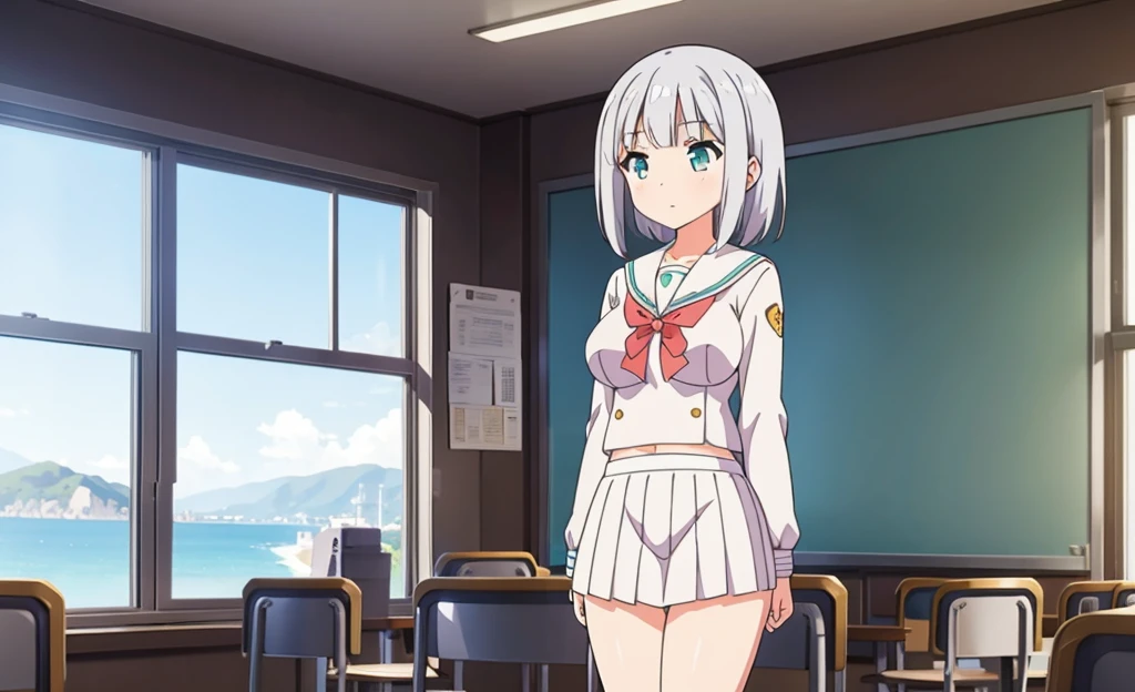 (masterpiece), classroom, 1girl, medium hair, white hair, (aqua eyes:1.2), (white sailor collar:1.2), serafuku, white skirt, pleated skirt nsfw show panties open legs