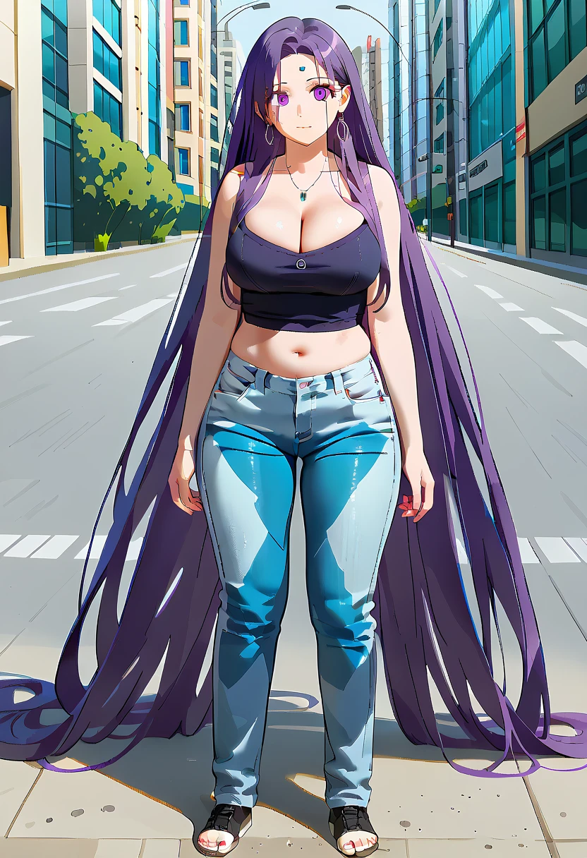 (masterpiece:1.37), best quality, (extremely detailed:1.37) woman, (adult:1.5), (very long hair:1.5), dark purple hair, purple eyes, (extremely detailed eyes:1.37), large breasts, crop top, cleavage, navel, (tight jeans:1.5), (wetting:2.0), standing straight, full body day, daytime, glow, facing viewer, perfect composition, full body, city, street, anime style