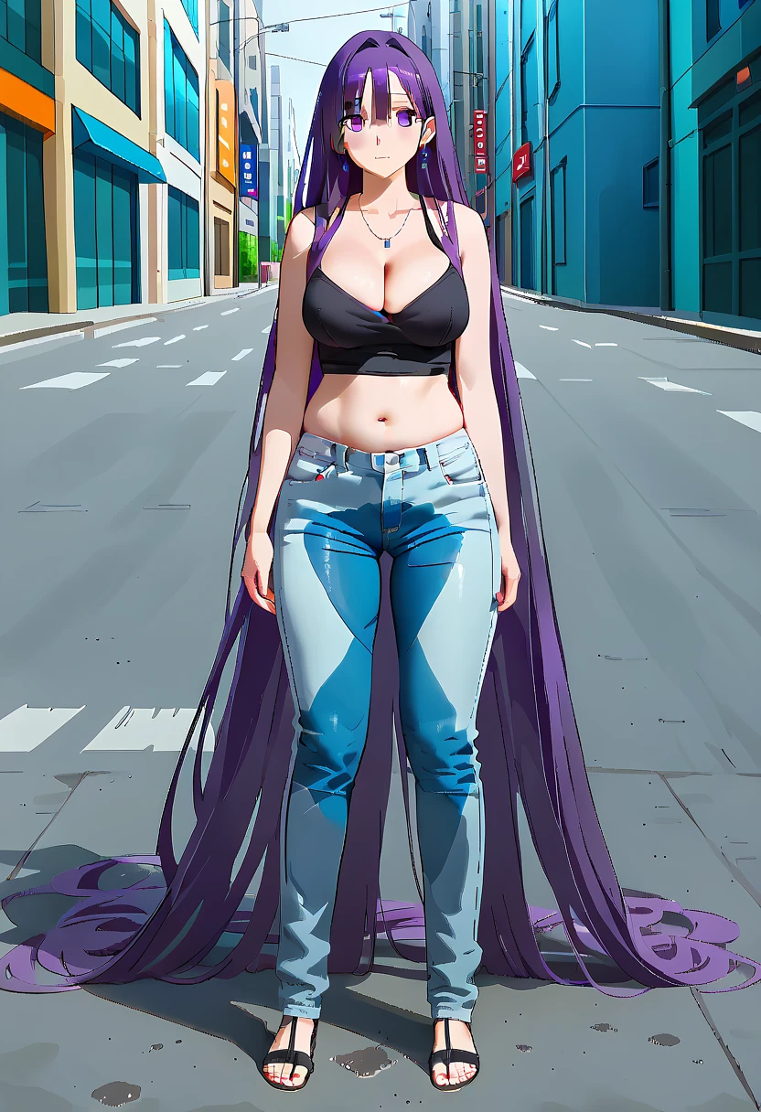 (masterpiece:1.37), best quality, (extremely detailed:1.37) woman, (adult:1.5), (very long hair:1.5), dark purple hair, purple eyes, (extremely detailed eyes:1.37), large breasts, crop top, cleavage, navel, (tight jeans:1.5), (wetting:2.0), standing straight, full body day, daytime, glow, facing viewer, perfect composition, full body, city, street, anime style