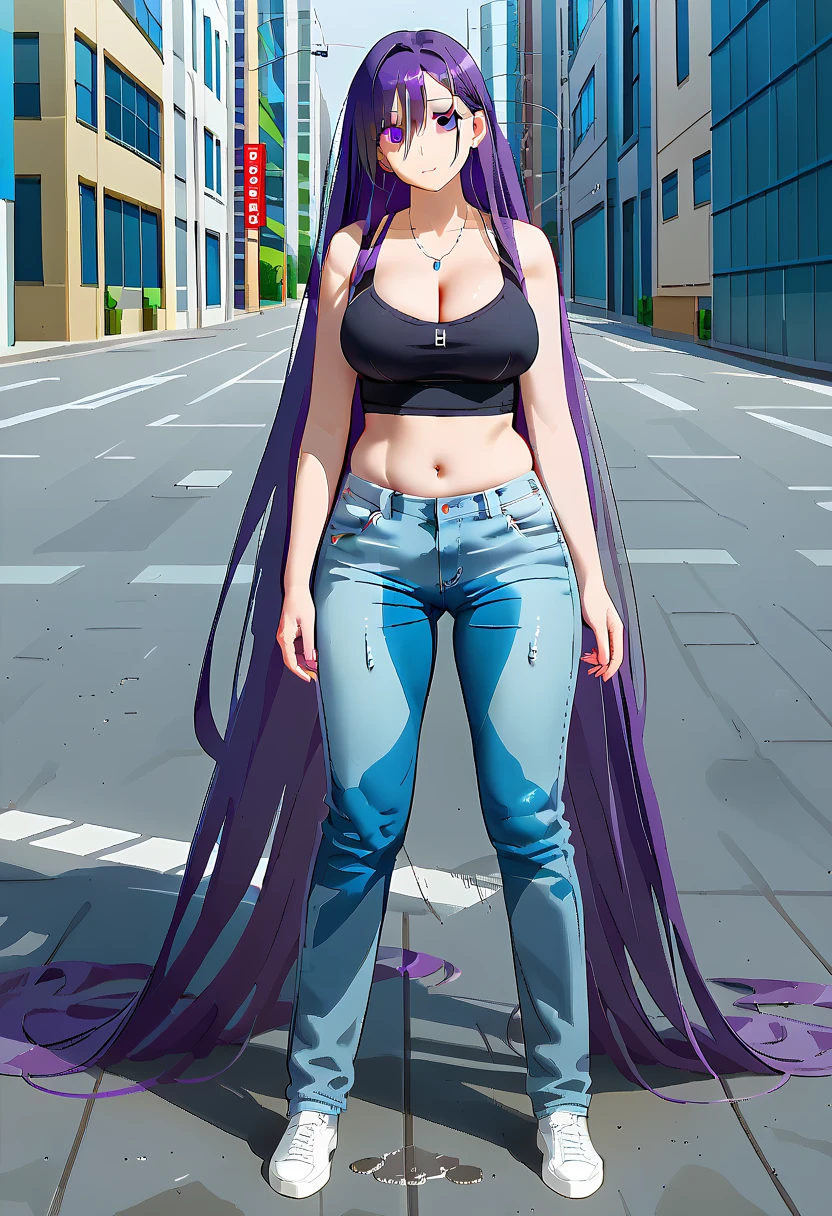 (masterpiece:1.37), best quality, (extremely detailed:1.37) woman, (adult:1.5), (very long hair:1.5), dark purple hair, purple eyes, (extremely detailed eyes:1.37), large breasts, crop top, cleavage, navel, (tight jeans:1.5), (wetting:2.0), standing straight, full body day, daytime, glow, facing viewer, perfect composition, full body, city, street, anime style