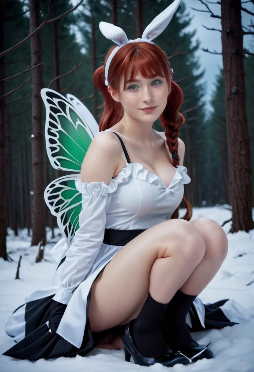 high quality instagram photo, full body of a Scandinavian girl, 20 years old, red hair, sexy, green eyes, freckles, cute face, (large breasts), big ass, Elf woman with bunny ears sitting, short ponytail, hair bow, maid clothes, stockings, butterfly wings, shy and mischievous face, Snowy pine forest at night with dark stormy clouds, winter, Bright winter decorations