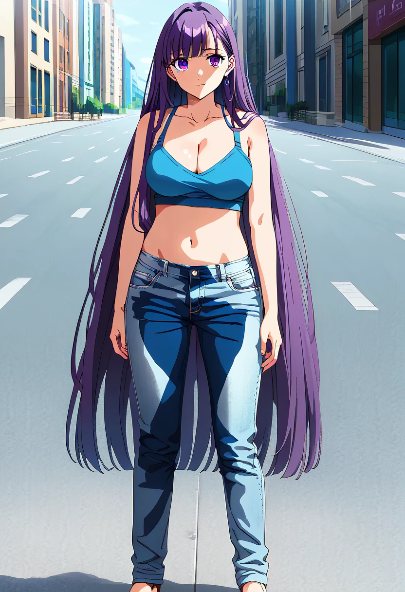 (masterpiece:1.37), best quality, (extremely detailed:1.37) woman, (adult:1.5), (very long hair:1.5), dark purple hair, purple eyes, (extremely detailed eyes:1.37), large breasts, crop top, cleavage, navel, (tight jeans:1.5), (wetting:2.0), standing straight, full body day, daytime, glow, facing viewer, perfect composition, full body, city, street, anime style