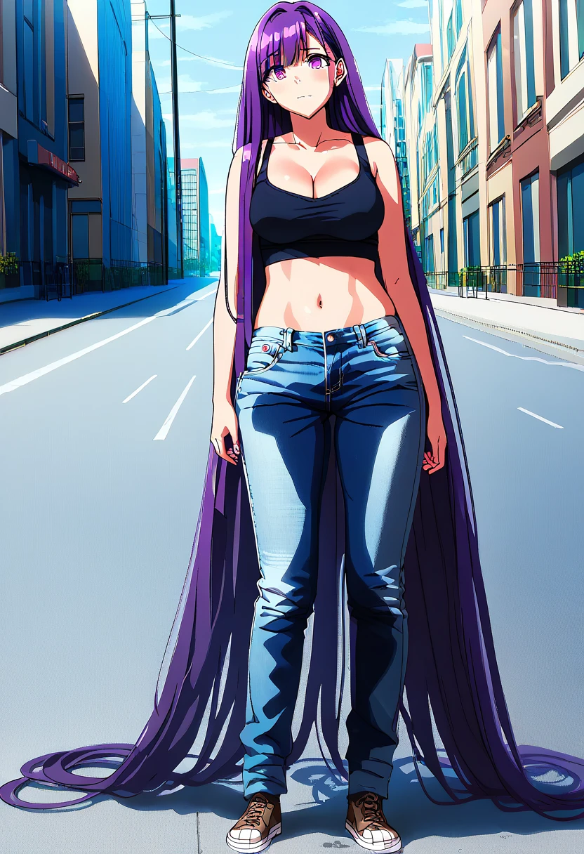 (masterpiece:1.37), best quality, (extremely detailed:1.37) woman, (adult:1.5), (very long hair:1.5), dark purple hair, purple eyes, (extremely detailed eyes:1.37), large breasts, crop top, cleavage, navel, (tight jeans:1.5), (wetting:2.0), standing straight, full body day, daytime, glow, facing viewer, perfect composition, full body, city, street, anime style