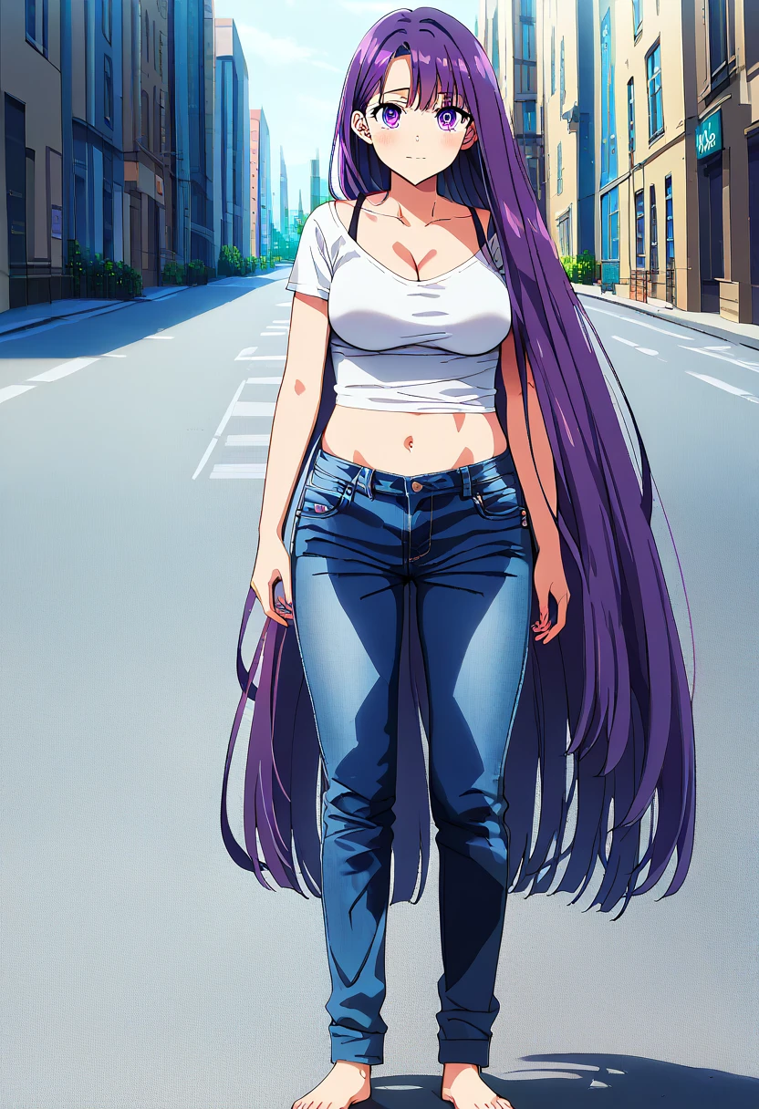 (masterpiece:1.37), best quality, (extremely detailed:1.37) woman, (adult:1.5), (very long hair:1.5), dark purple hair, purple eyes, (extremely detailed eyes:1.37), large breasts, crop top, cleavage, navel, (tight jeans:1.5), (wetting:2.0), standing straight, full body day, daytime, glow, facing viewer, perfect composition, full body, city, street, anime style