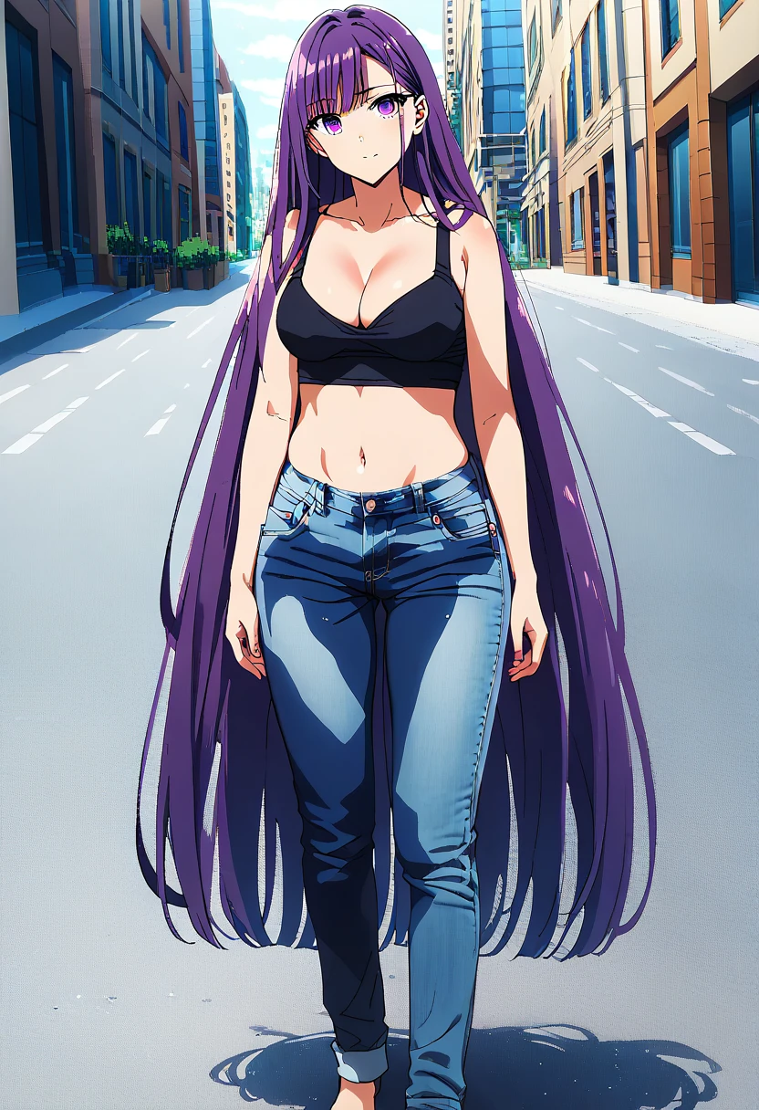 (masterpiece:1.37), best quality, (extremely detailed:1.37) woman, (adult:1.5), (very long hair:1.5), dark purple hair, purple eyes, (extremely detailed eyes:1.37), large breasts, crop top, cleavage, navel, (tight jeans:1.5), (wetting:2.0), standing straight, full body day, daytime, glow, facing viewer, perfect composition, full body, city, street, anime style