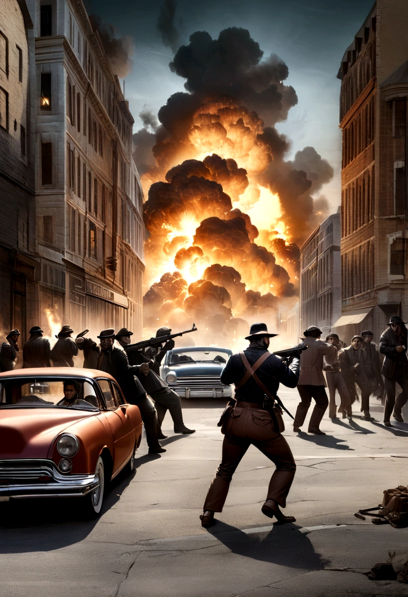 (realistic image, rich in details) war, civil war, in the middle of the city, large buildings, fight between gangs, gangsters from the 70s, machine guns, vintage cars, 70s, rival groups, exchange of shots, explosive scenery, explosion , smoke, monochromatic.