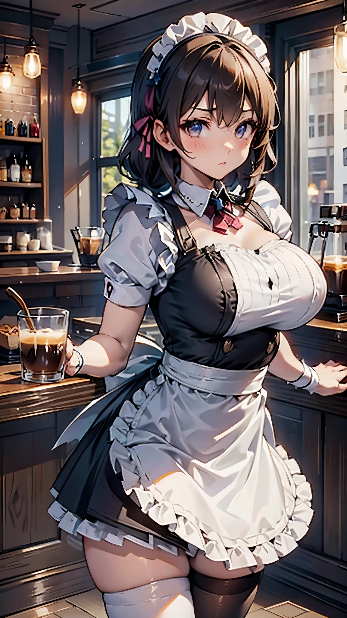 Coffee shop background，Coffee shop background，Indoor background，Tables and Chairs，Bar，Maid girl，A maid headband，Big breasts，futanari，Hip bulge，Bulge between the thighs，Big butt，cute，charming