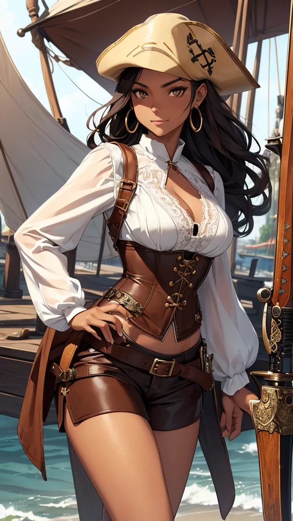 (masterpiece), best quality, expressive eyes, perfect face, (pirate ship background), (standing), (smirk), (closeup view), (1girl, selt, dark skin, tanned skin, black hair, wavy hairstyle, brown eyes, hourglass figure, thin body, skinny body, petite_body, medium breasts, thick thighs, long fingernails, brown plaid head wrap, white front lace blouse, long sleeve, loose fit, brown leather corset, brown leather shorts, brown boots, sheathed cutlass sword, flintlock pistol in holster, hoop earrings, miscellaneous jewelry)
