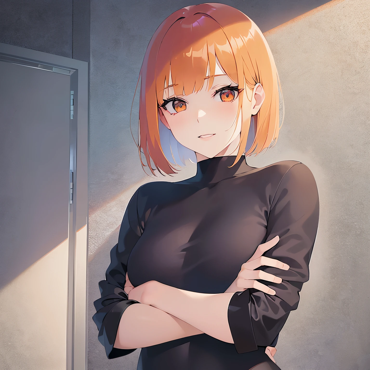 Upper Body, Realistic, real person, (pale skin: 1.2), RAW photo, photorealistic, shiny skin, shiny hair、(A 25-year-old woman with a bob cut and bangs) and (orange hair) and (Orange Eyes) , Wearing a white V-neck T-shirt ,evil smile, The background is the living room、Alone、Arms crossed