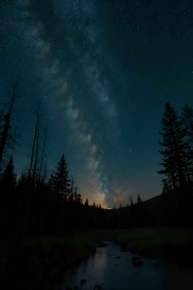 In the forest at night, the sky is full of stars and the moonlight shines gently.