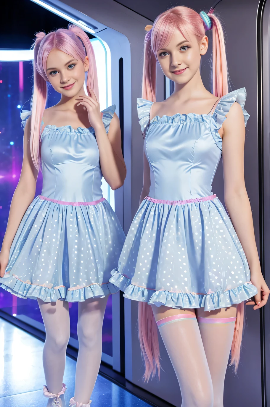 various cute 19-year-old neon haired women, natural posture, pale white skin, happy, smiling, in twin tails, perfect blue eyes, pale goth skin, silky smooth skin, flying a fancy metal luxurious space ship, futuristic spaceship, outer space seen in windows, dark warm lighting, they are wearing various futuristic dresses, each a different low cut dress, pleated (chemise) mini dress (pastel rainbow colors, and polka dots), puffy sleeves low cut top, silk, ((frilly pantyhose under dress)), tights, cute short cut booties, boots.