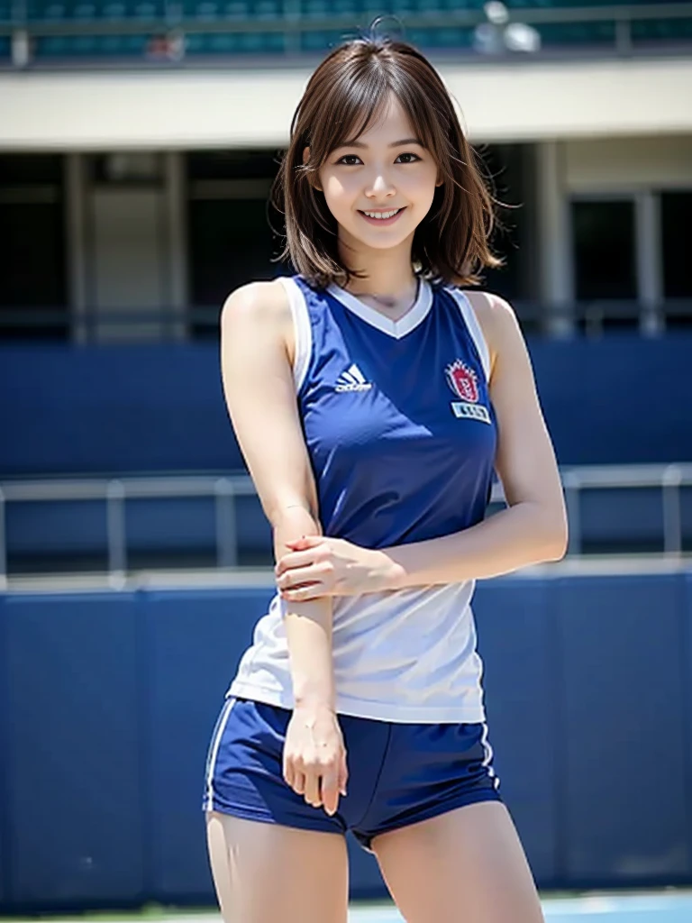 (Best-quality, Masterpiece, Ultra-High-Resolution, (Photorealistic:1.4), Raw Photo, depth of field, professional lighting, perfect anatomy, extremely details), 1girl, 15-years-old, the most famous Japanese idol, standing on athletic-stadium, looking at viewer, innocent smile, ((wearing white track and field sleeveless-uniform)),navy blue high-leg bloomers, ((extremely cute face like the most popular Japanese idol, ((extremely cute big-eyes)), extremely cute short-cut-hair)), (((extremely beautiful and extremely realistic skins)))