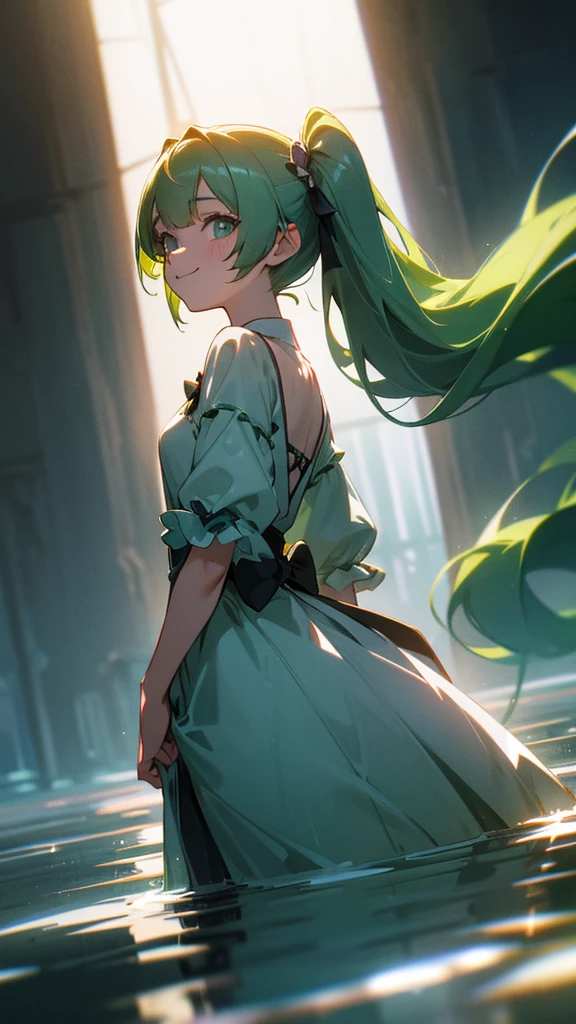 girl with long green hair in twin tails, wearing a dress, standing in water, mid-shot portrait, dark fantasy background, mischievous smile, extremely detailed, high resolution, 8k, hyperrealistic, analog style, sharp focus, cinematic lighting, Greg Rutkowski and Walt Disney style
