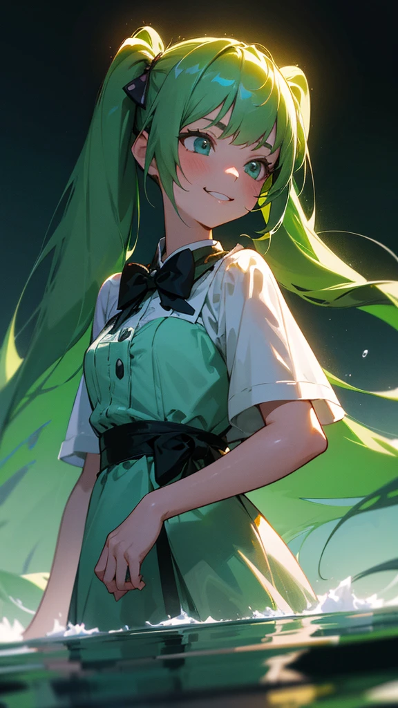 girl with long green hair in twin tails, wearing a dress, standing in water, mid-shot portrait, dark fantasy background, mischievous smile, extremely detailed, high resolution, 8k, hyperrealistic, analog style, sharp focus, cinematic lighting, Greg Rutkowski and Walt Disney style
